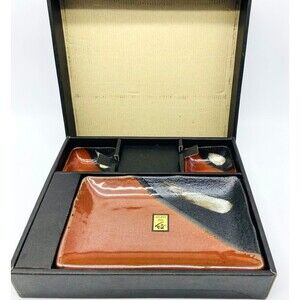NEW IN BOX SUSHI SET FOR TWO STONEWARE SAI JAPAN RUST BROWN COLOR HAND PAINTED